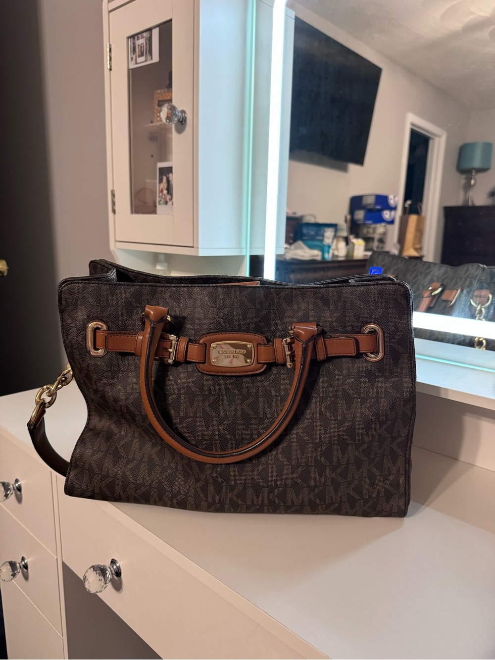 Michael Kors Dark Brown Monogram Satchel with Tan Trim